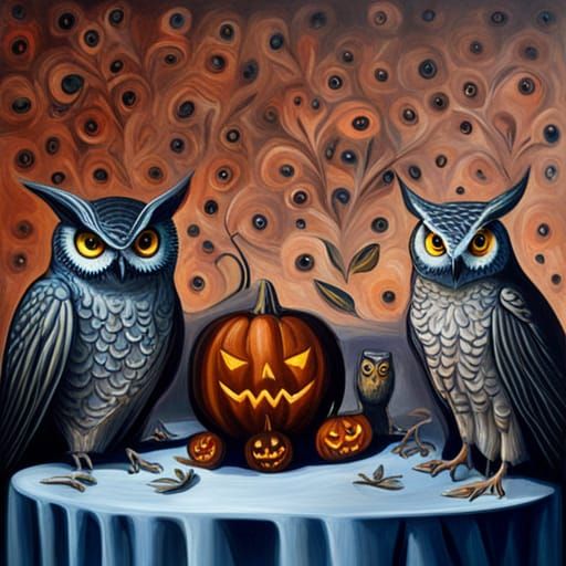 Owls' Halloween Party: An Intricate Oil Painting
