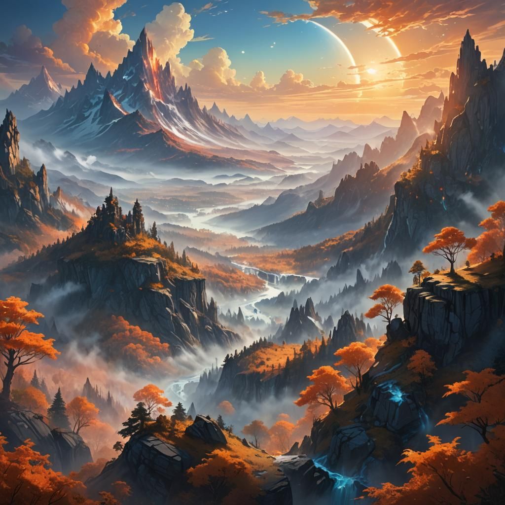 Iridescent Planet Rising Above Crystalline Forests