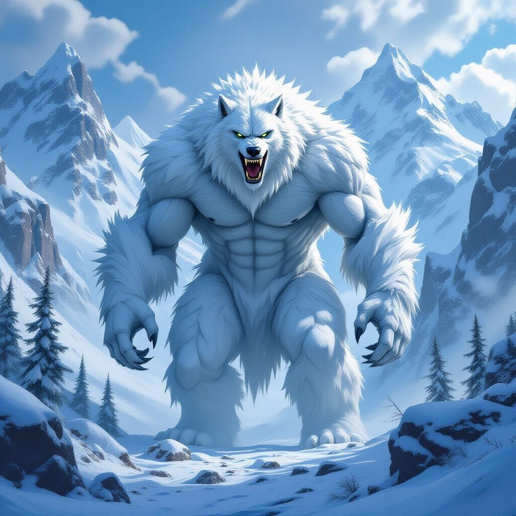Icy Werewolf in Rugged Mountain Landscape