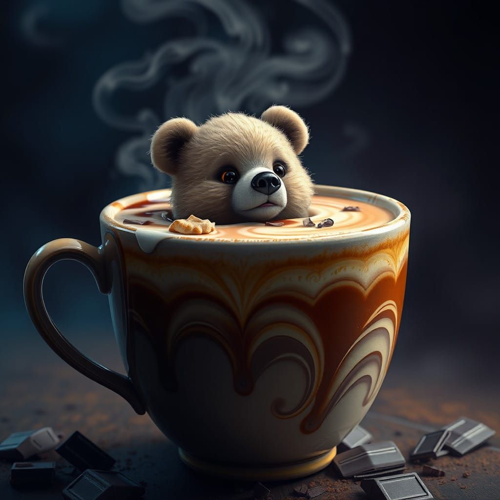 Cozy Fantasy Bear Peeks Out of Coffee Cup, Detailed Matte Pa...