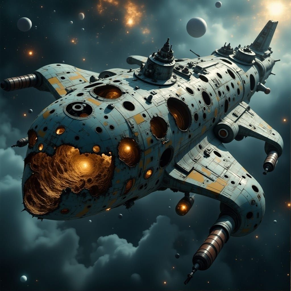 Derelict Starship Floating in Space, CGI Realism