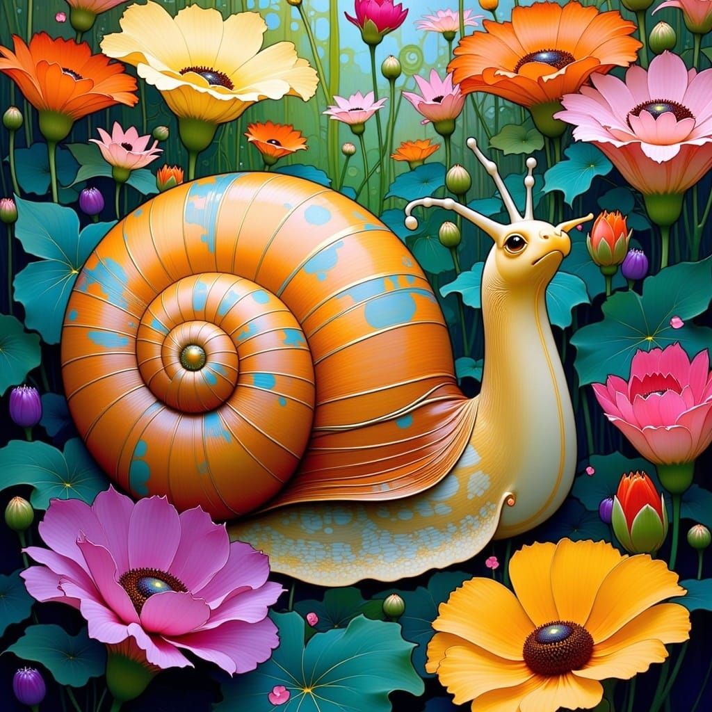 Snail in Flower Garden: Art Nouveau Style