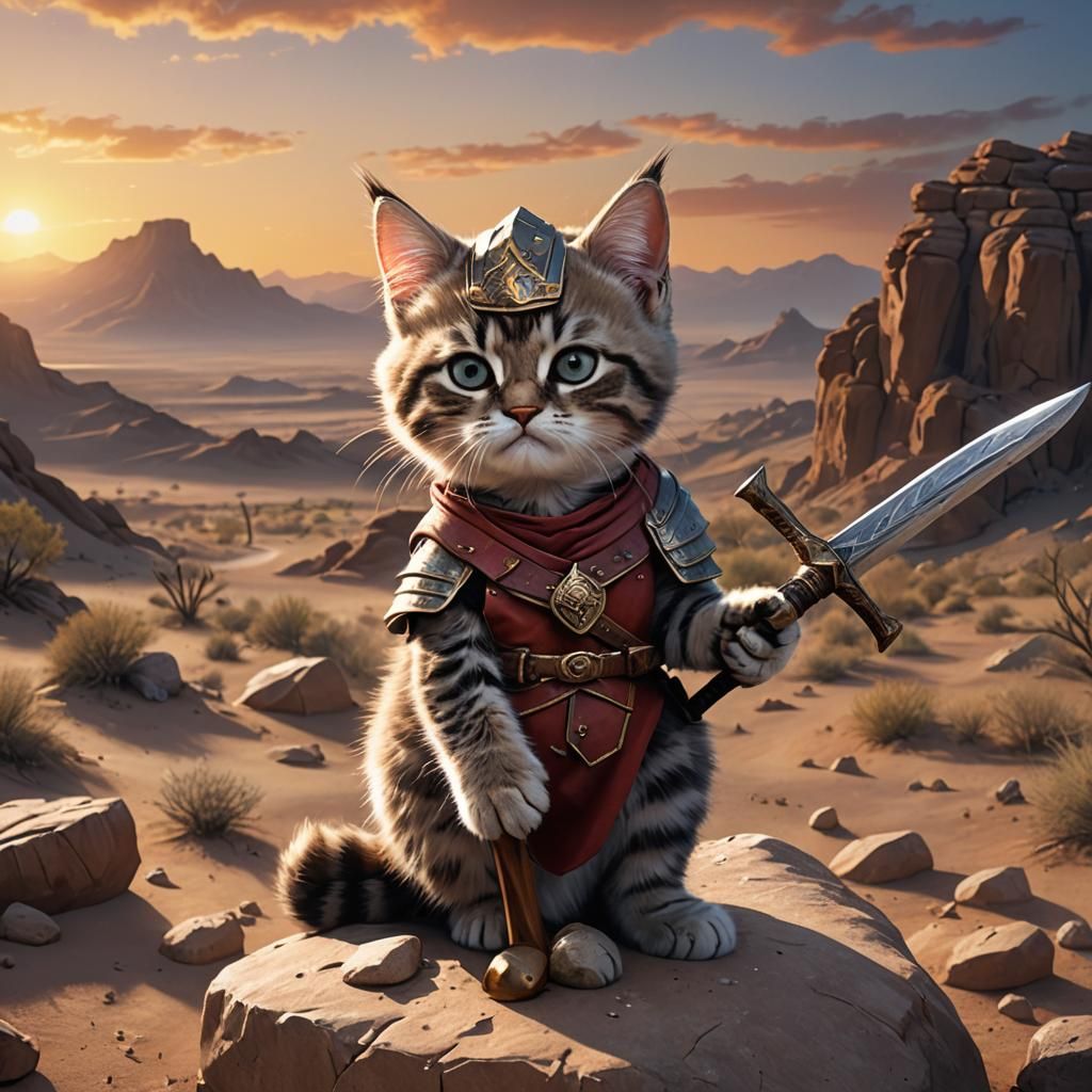 Grumpy Kitten Warrior at Sunset, Fantasy Concept Art