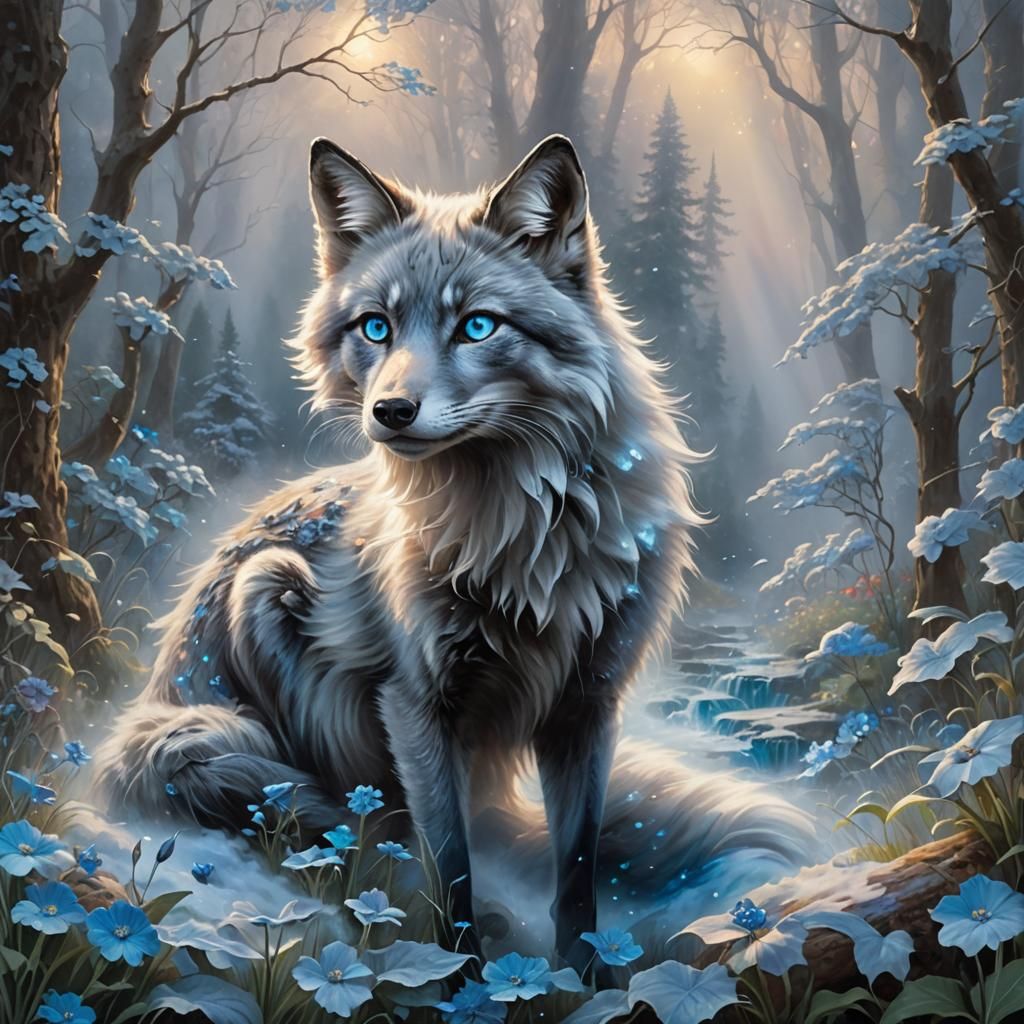 Ethereal Silver Fox with Blue Eyes in Fantasy Style