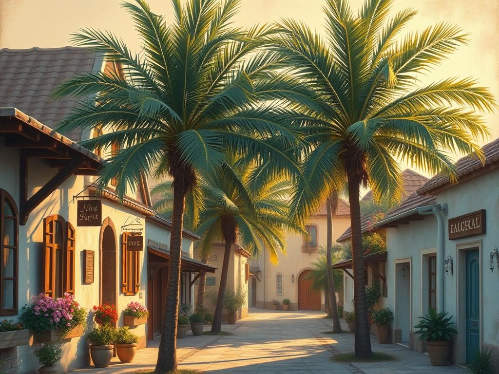 Dreamy Impressionistic Village Street at Sunset