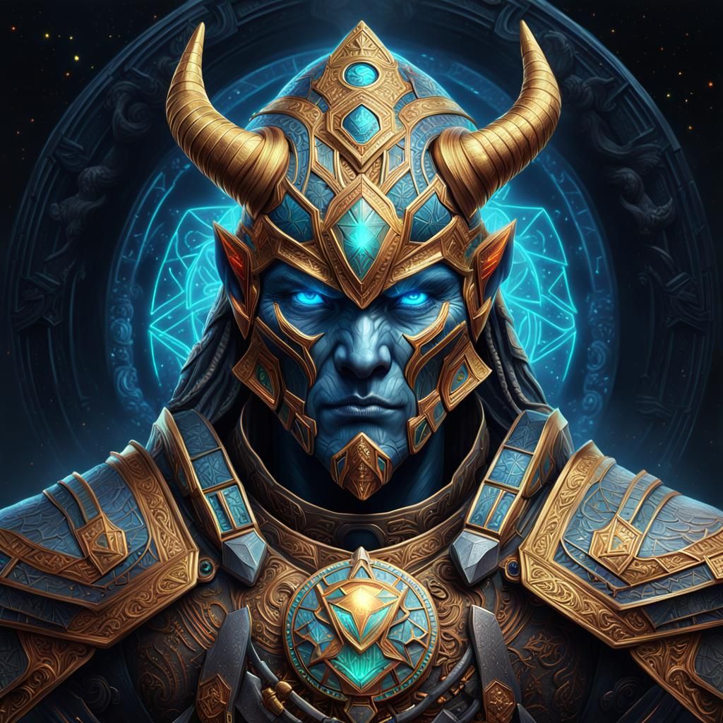 Armored Anthropos Portrait with Glowing Runes