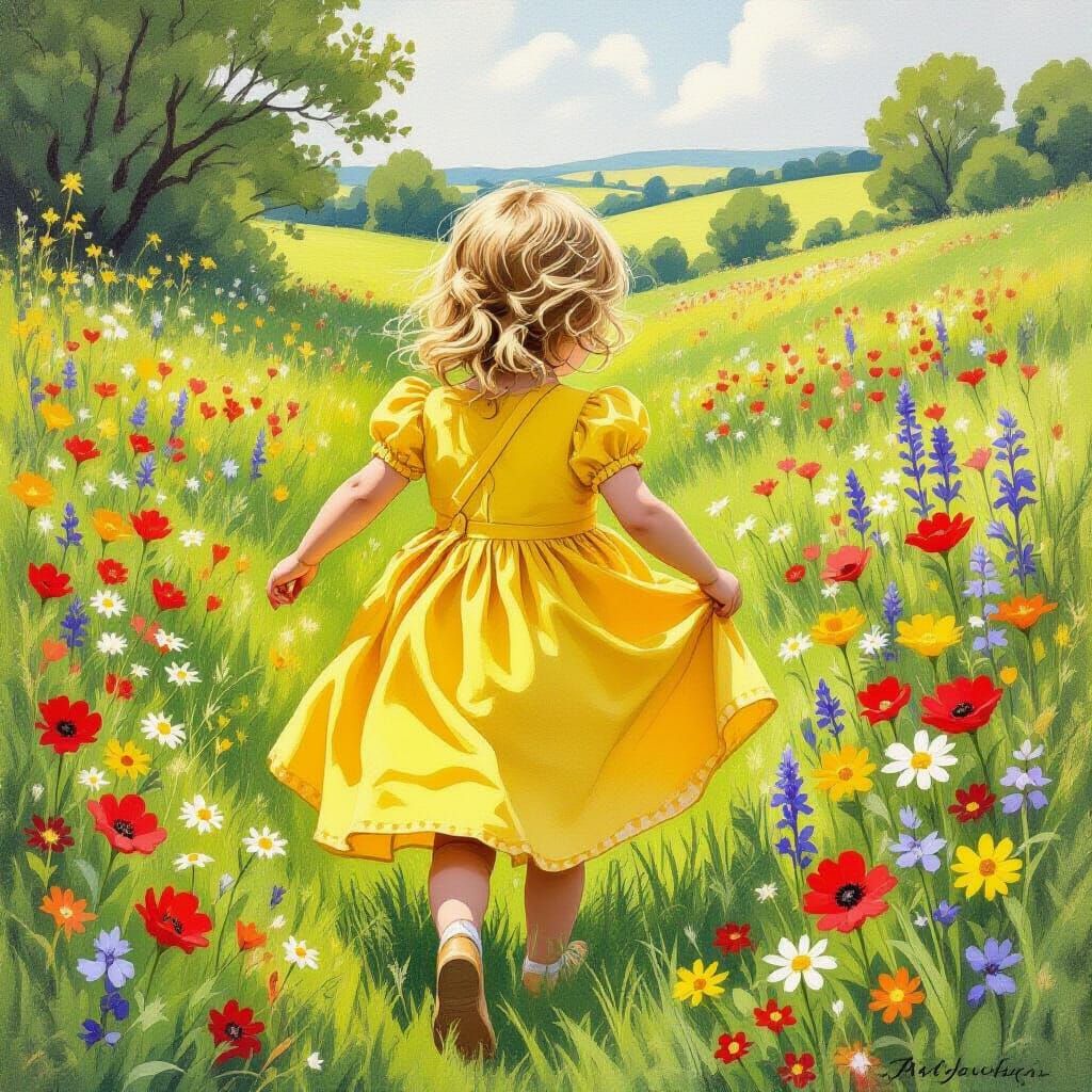 Child Playing in Meadow, Illustrated Book Style