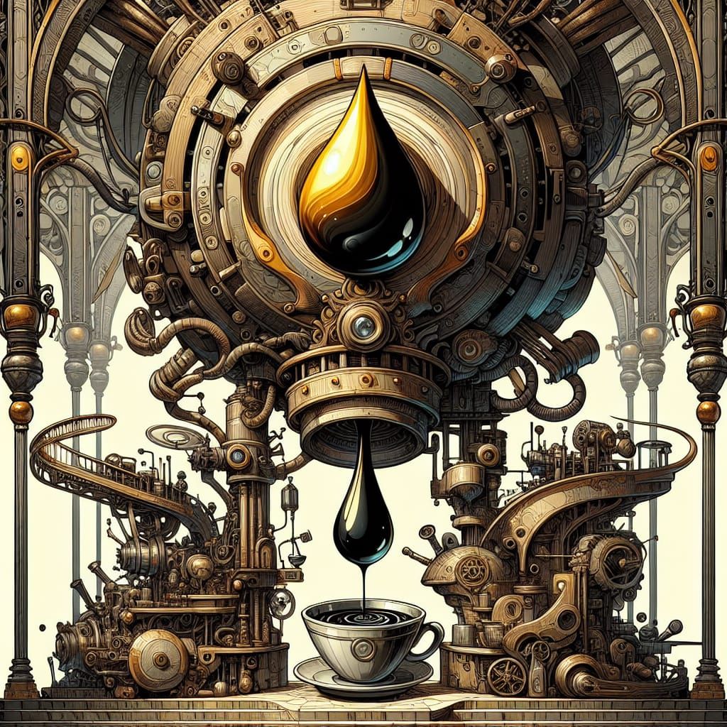 Steampunk Coffee Machine with Victorian Art Nouveau Backdrop