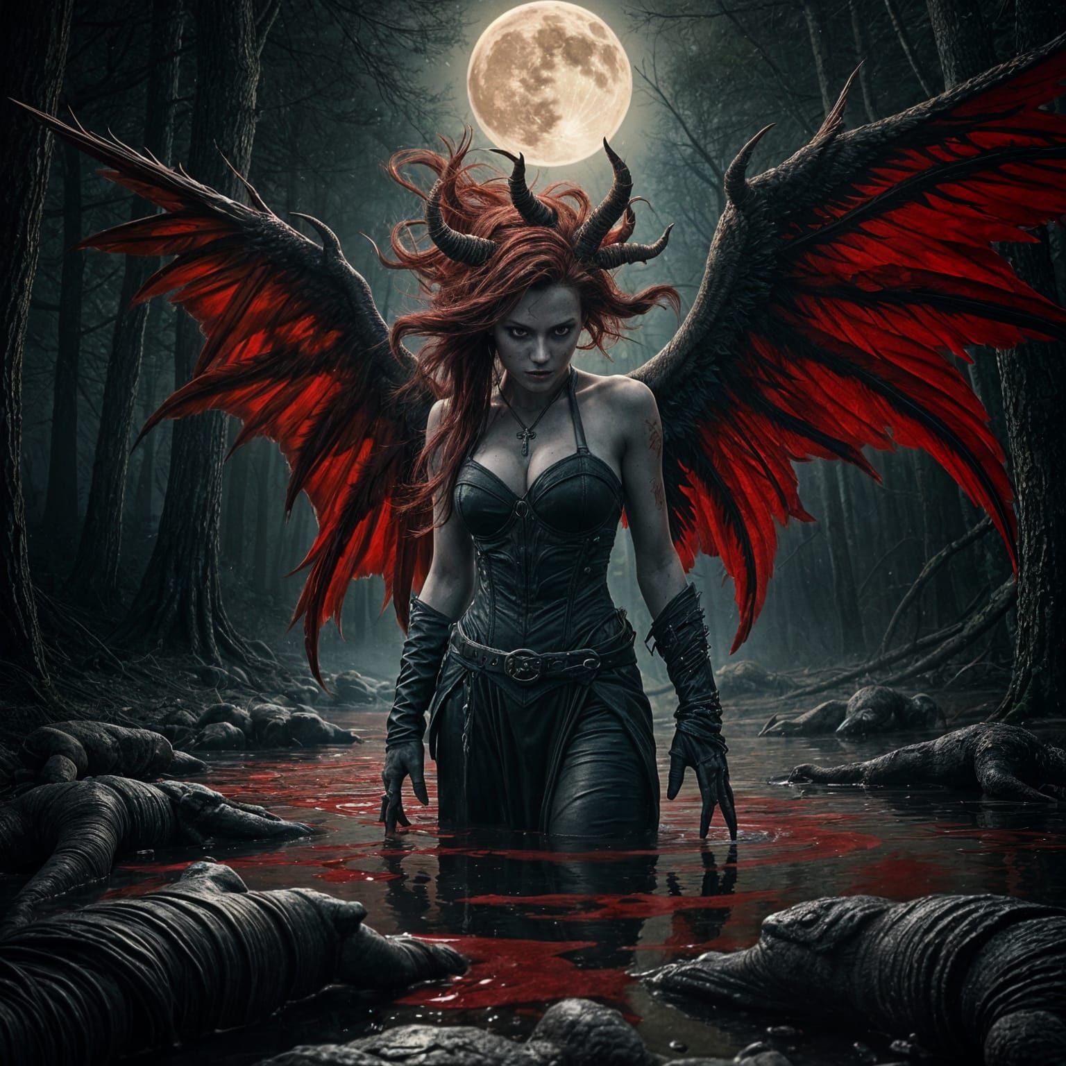 Maniacal evil redhead and red winged fairly bathing in the b...