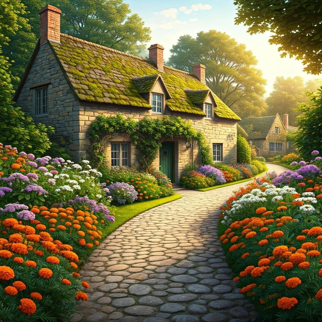 Rustic Country House in Vibrant Flowering Garden