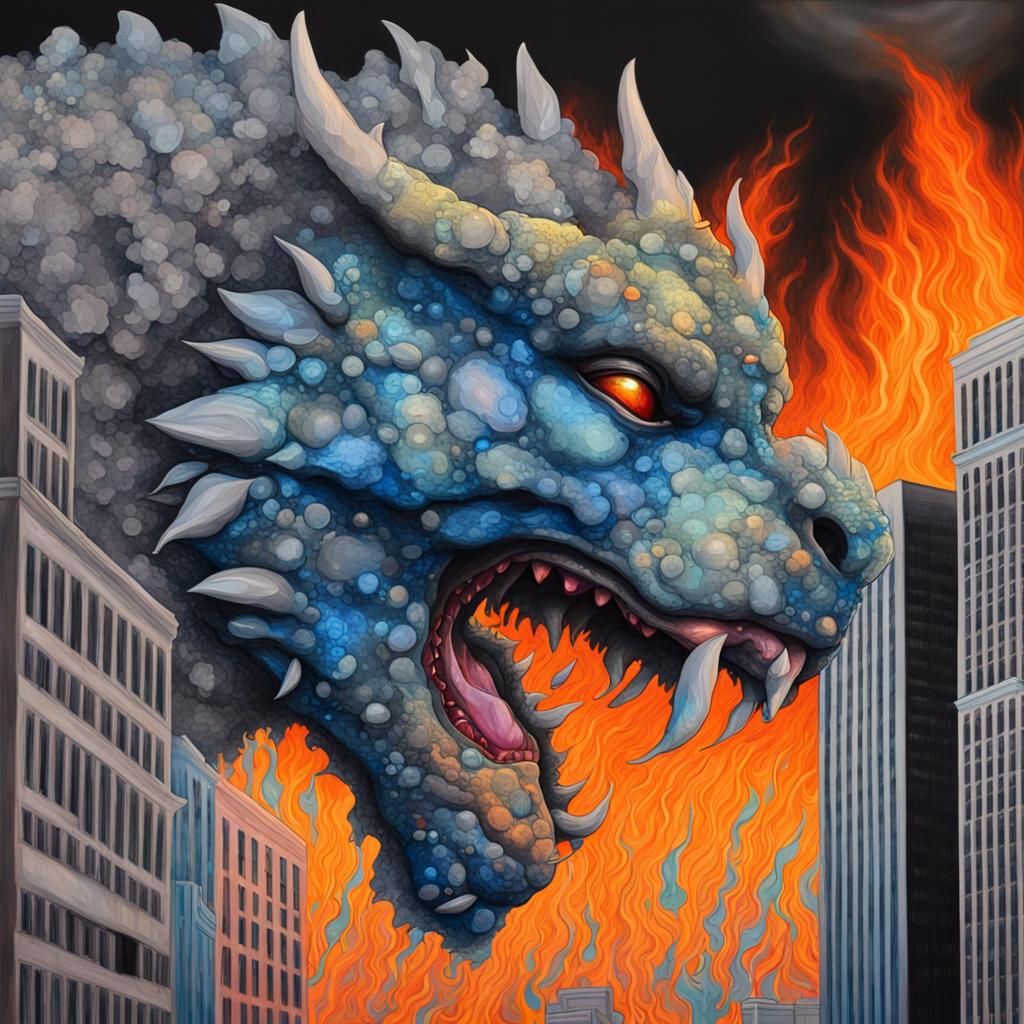 Crystal Kaiju Sleeps on Burning City: Hyperrealistic Splash ...