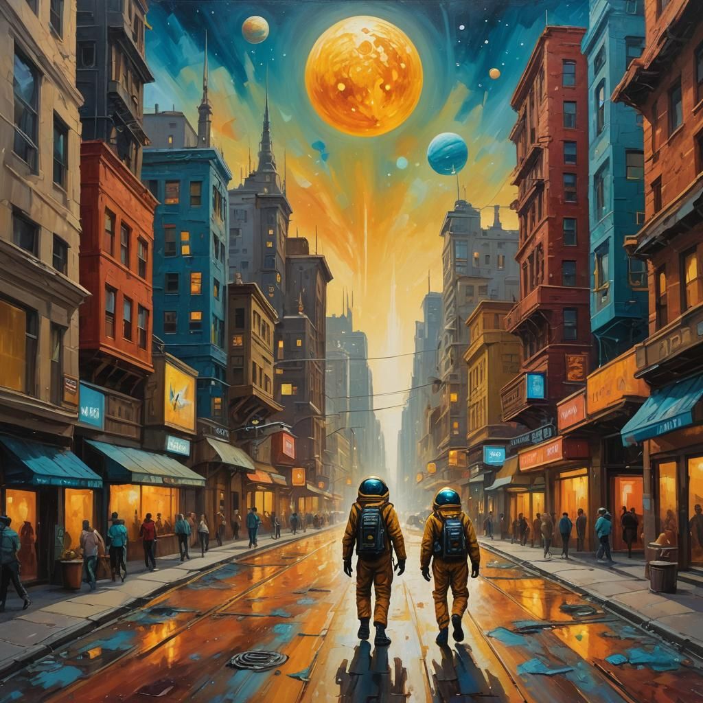 Alien Street Scene on Exoplanet as Oil Painting