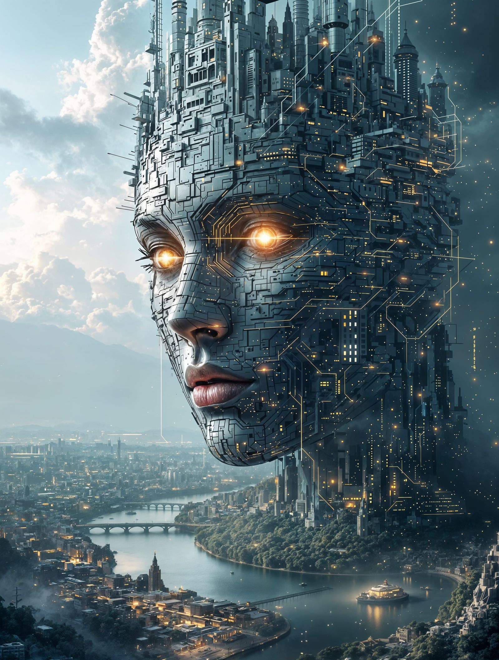 Cityscape Gazed Upon by a Giant AI Face in Futuristic Sci-Fi...