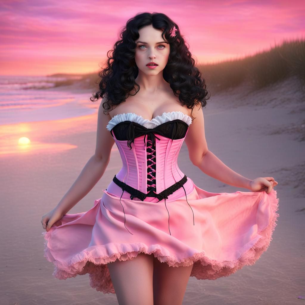 Summer Witch on Beach at Sunset, Detailed Digital Art