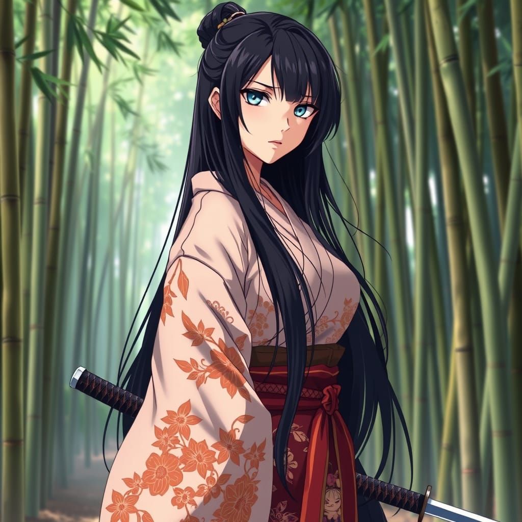 Serene Anime Samurai in Bamboo Forest