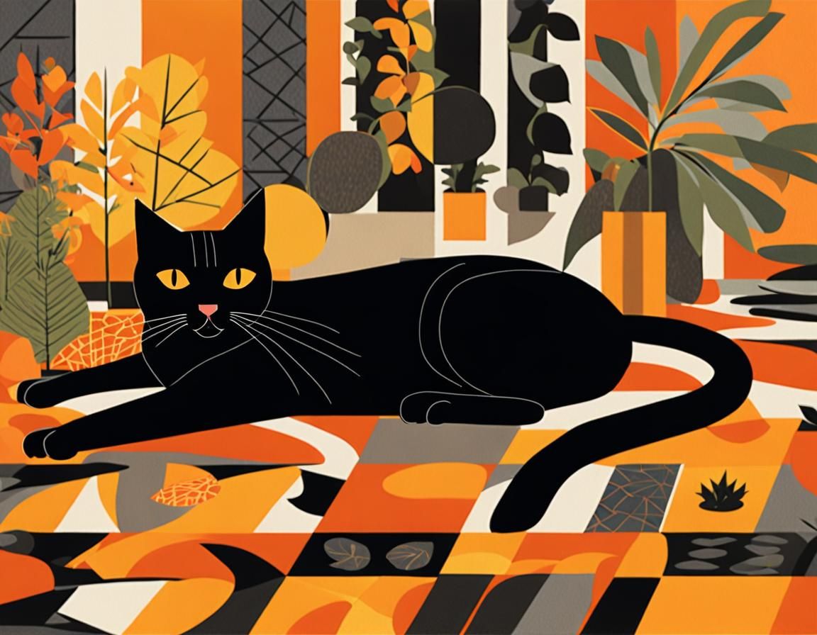 Black Cat Lounging: A Charley Harper Illustration