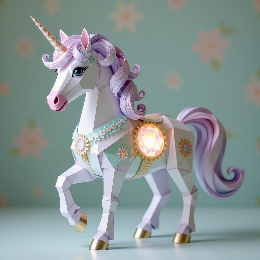 Iridescent Origami Unicorn Automaton in Anime Style
