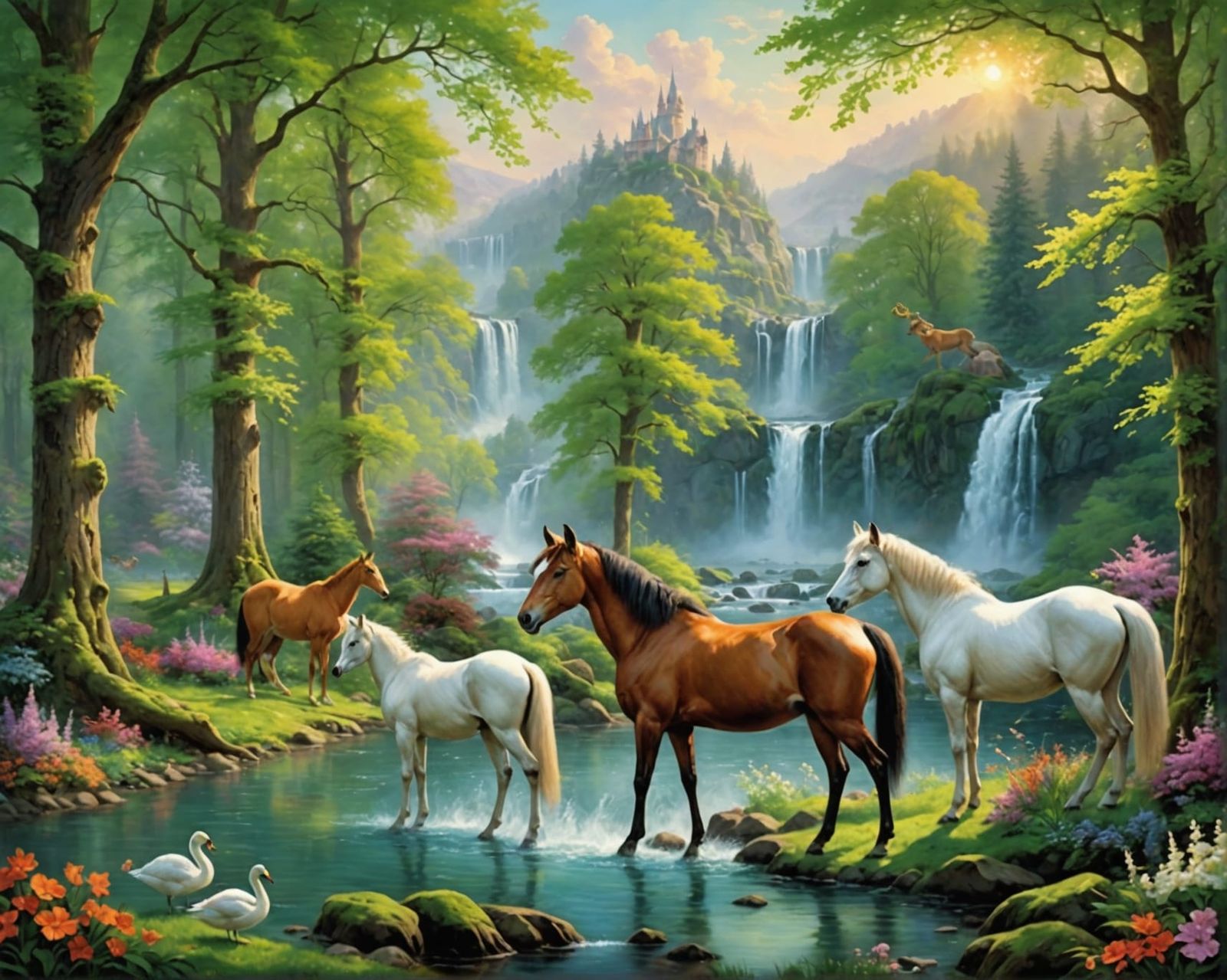 Stallions in Mystical Forest: Realistic Oil Painting