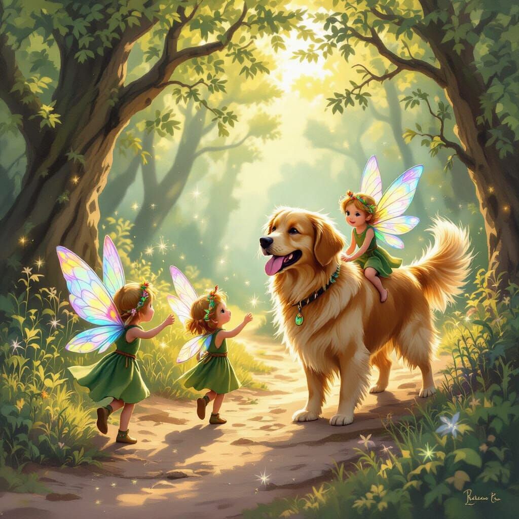 Magical Sprites Aid Golden Retriever on Forest Path