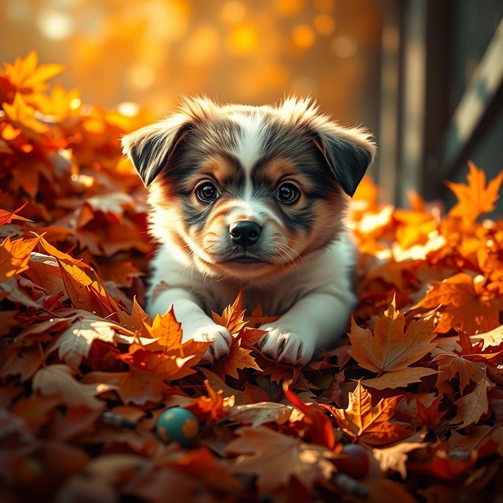 Cute Puppy Dives Into Autumn Leaves