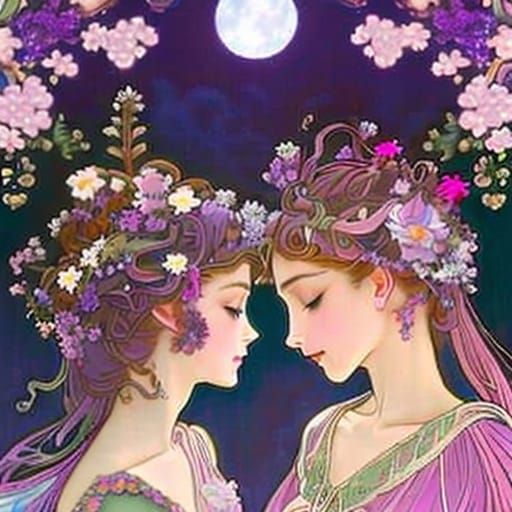 Twin Fairies with Wildflowers, Alphonse Mucha Style