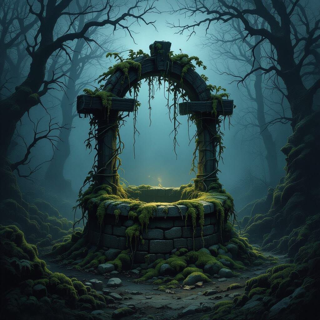 Eerie Decrepit Well in Misty Forest at Twilight