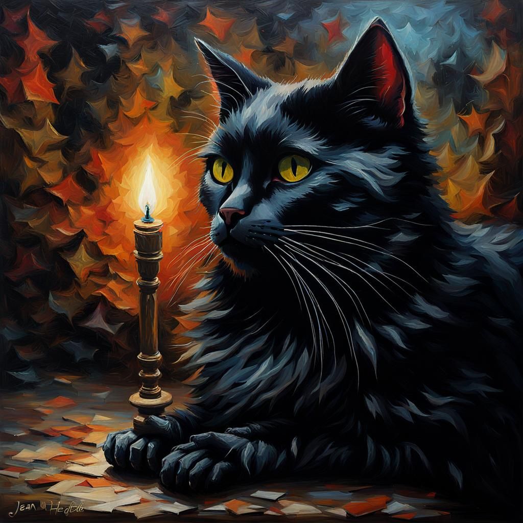 Black Cat in Magical Art Museum, Impasto Style
