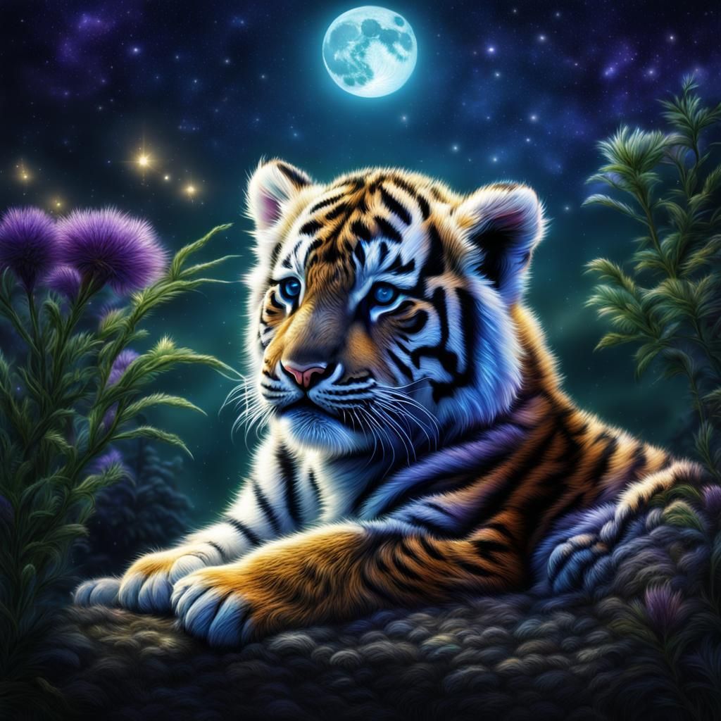 Hyperrealistic Newborn Tiger Cub Under a Full Moon
