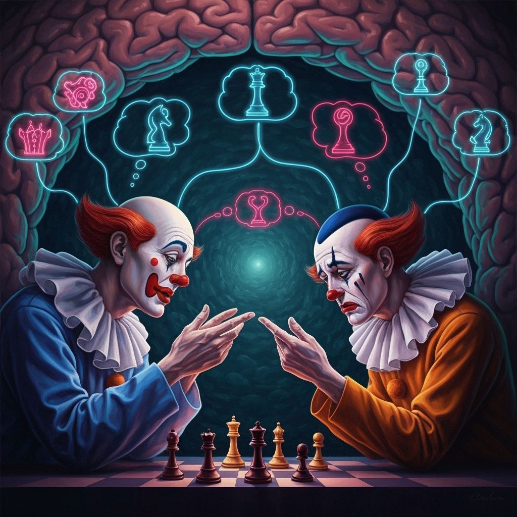 Clowns Battle Chess Inside Bioluminescent Brainscape