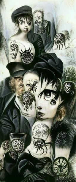 Victorian Goth Cartoon with Spiders and Skulls