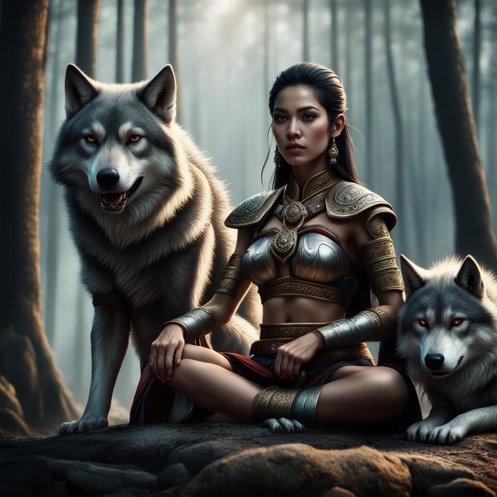 Thai Warrior with Dire Wolves: Fantasy Art