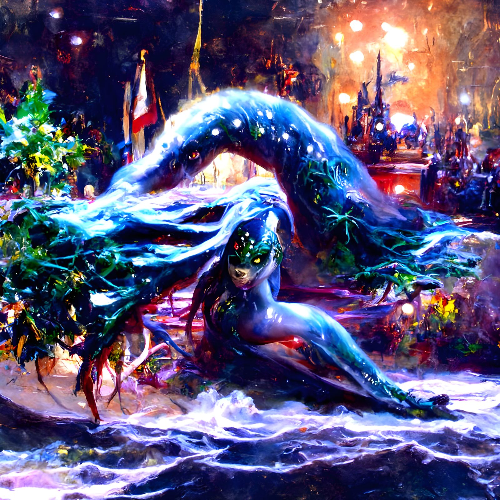 Galactic sea monster vixen enchantress with vines and seaweed wrapped around her sinister by Greg Rutkowski oil painting...