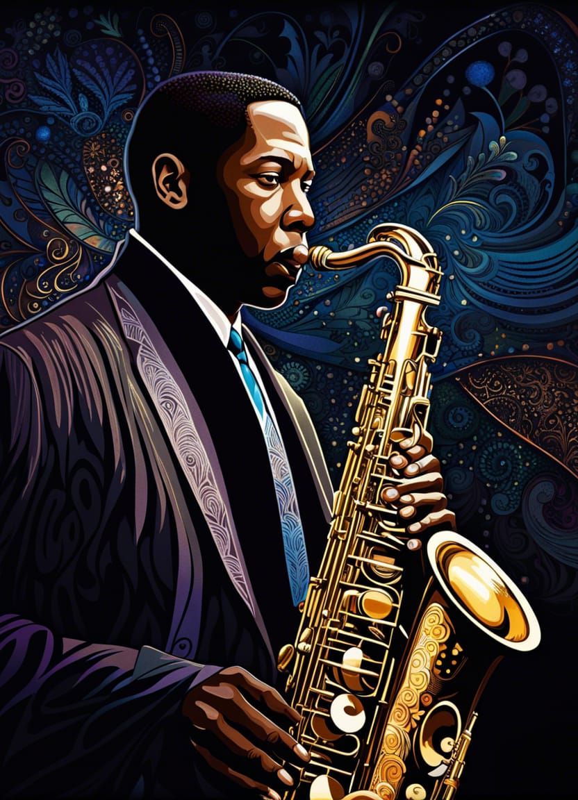 John Coltrane Jazz Saxophonist in Art Nouveau Charcoal