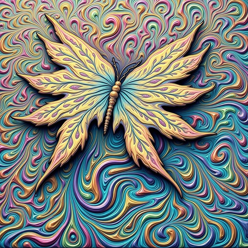 Surreal Psychedelic Butterfly in Shimmering Maple Leaf Form