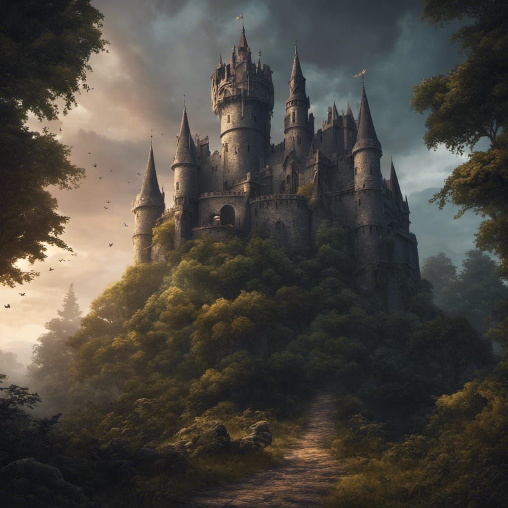 Gothic Castle on Forest Path: Dark Fantasy Art