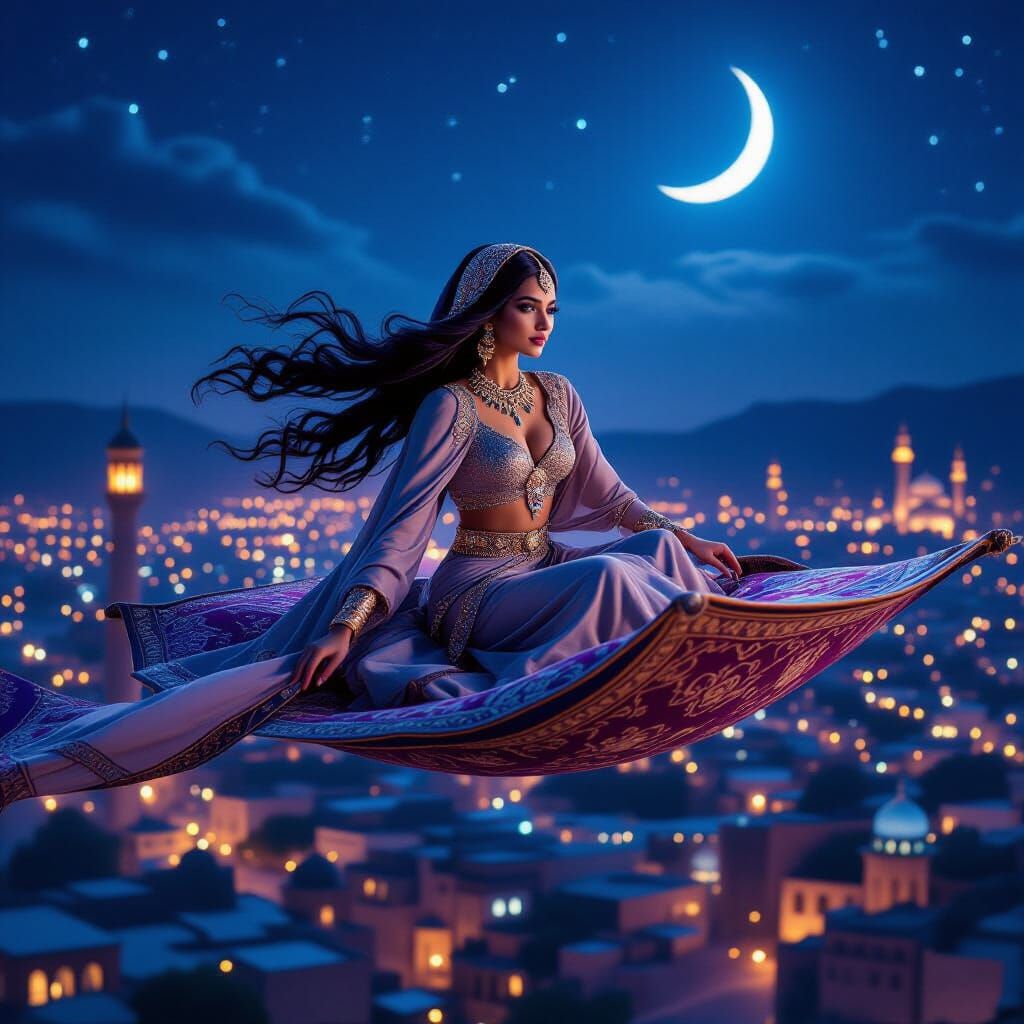 Arabian Nights Flying Carpet Journey Over Lit Town