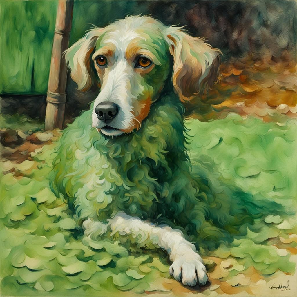 Sad Puppy in Green Grass as Gouache Painting