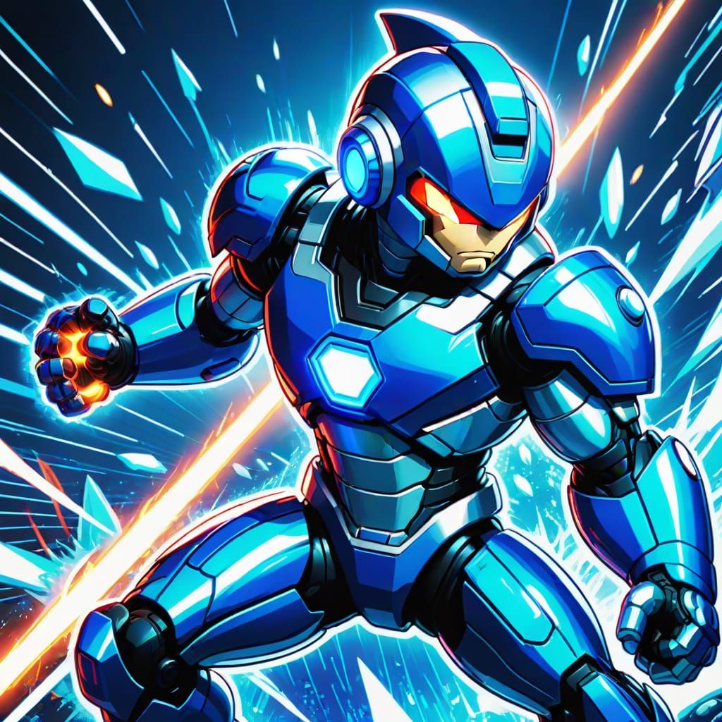 Mega Man Battles Shark Man in Vibrant Comic Book Style
