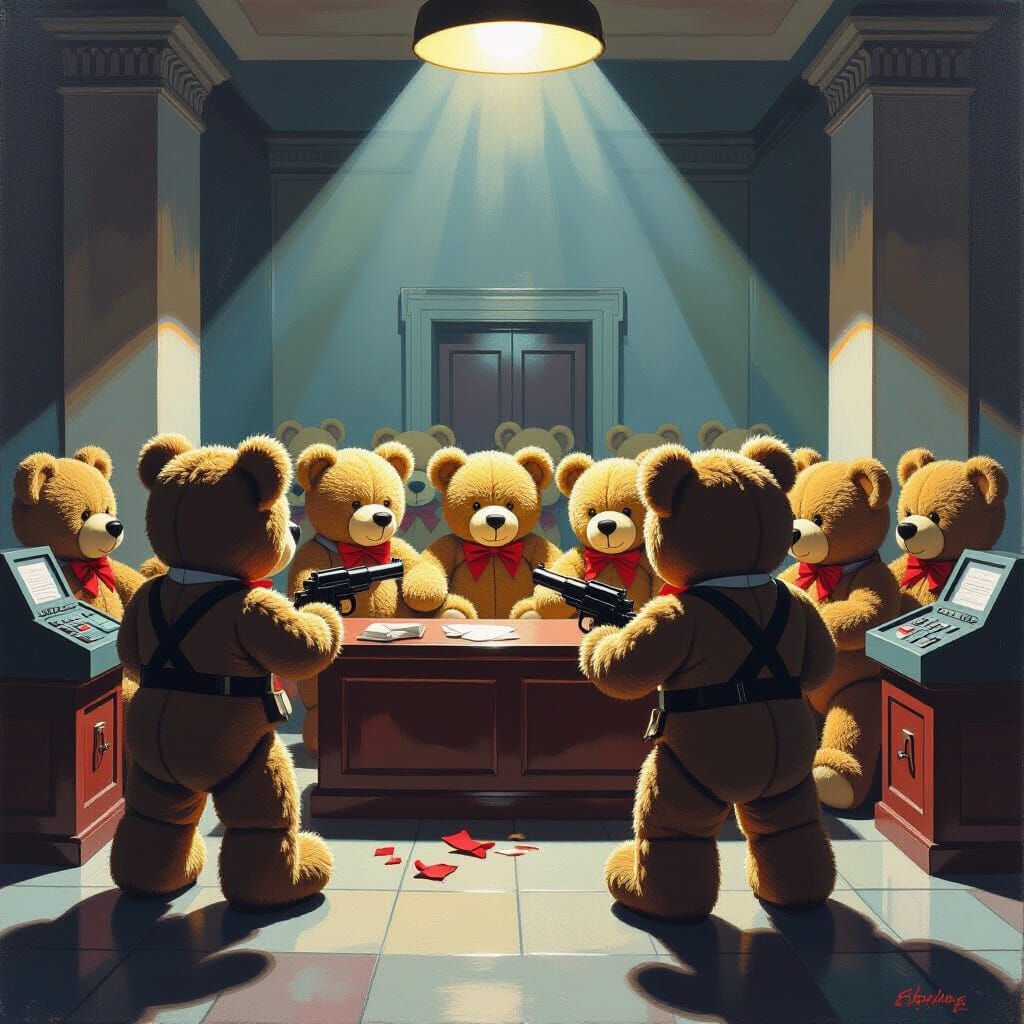 Teddy Bears in Bank Robbery Gouache Painting