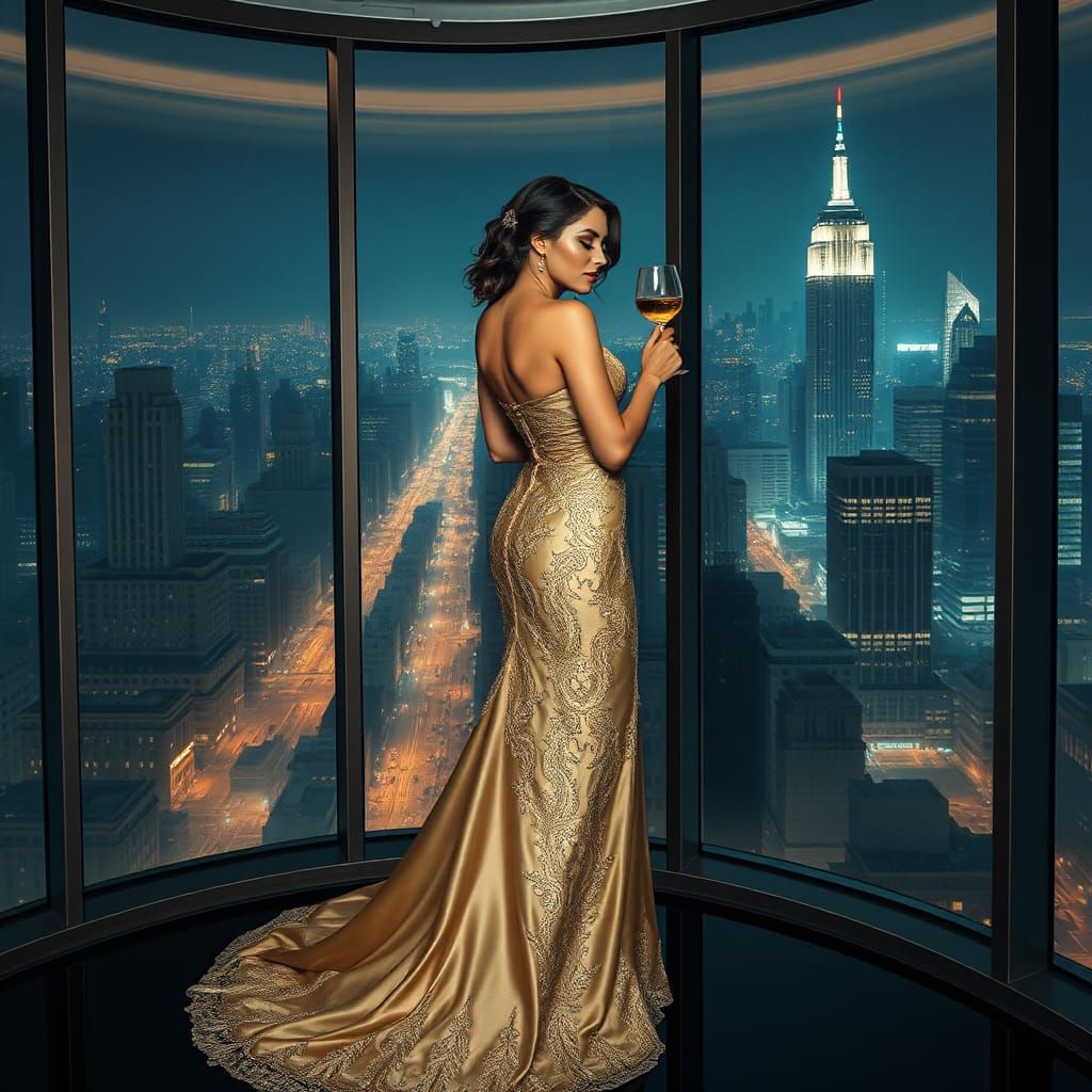 Woman in Gown Overlooking New York Cityscape