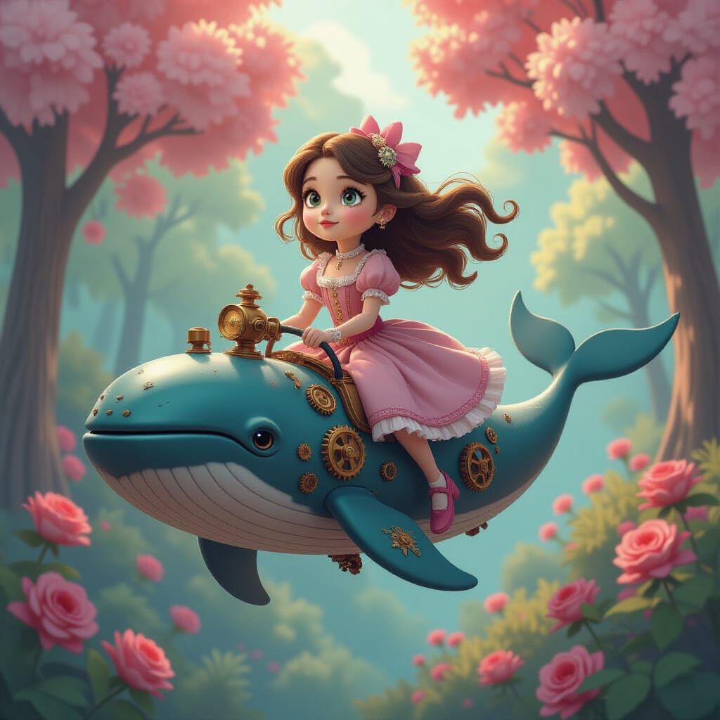 Girl Rides Steampunk Whale Above Candy Forest