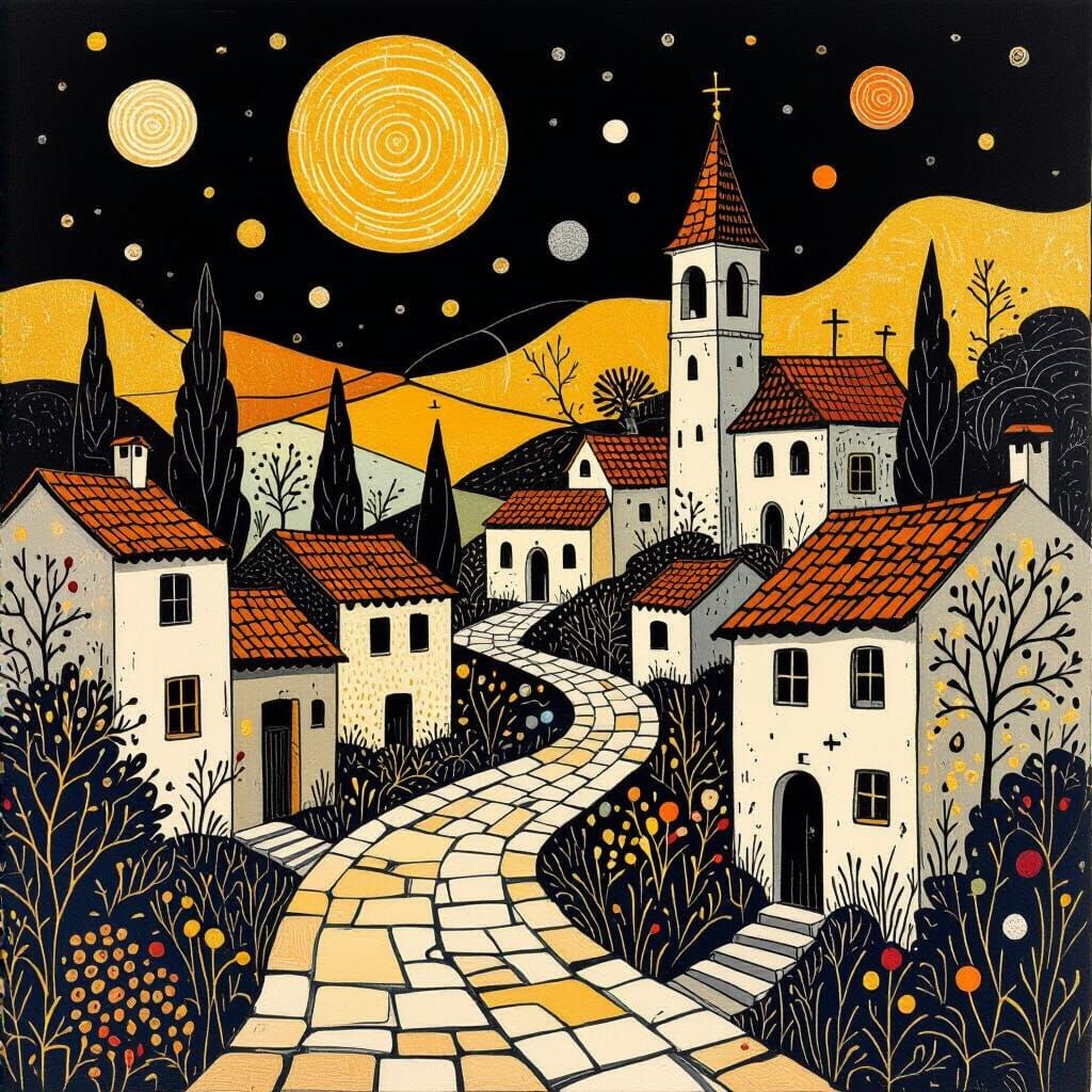 Abstract Ink Village Drawing in Expressionist Style