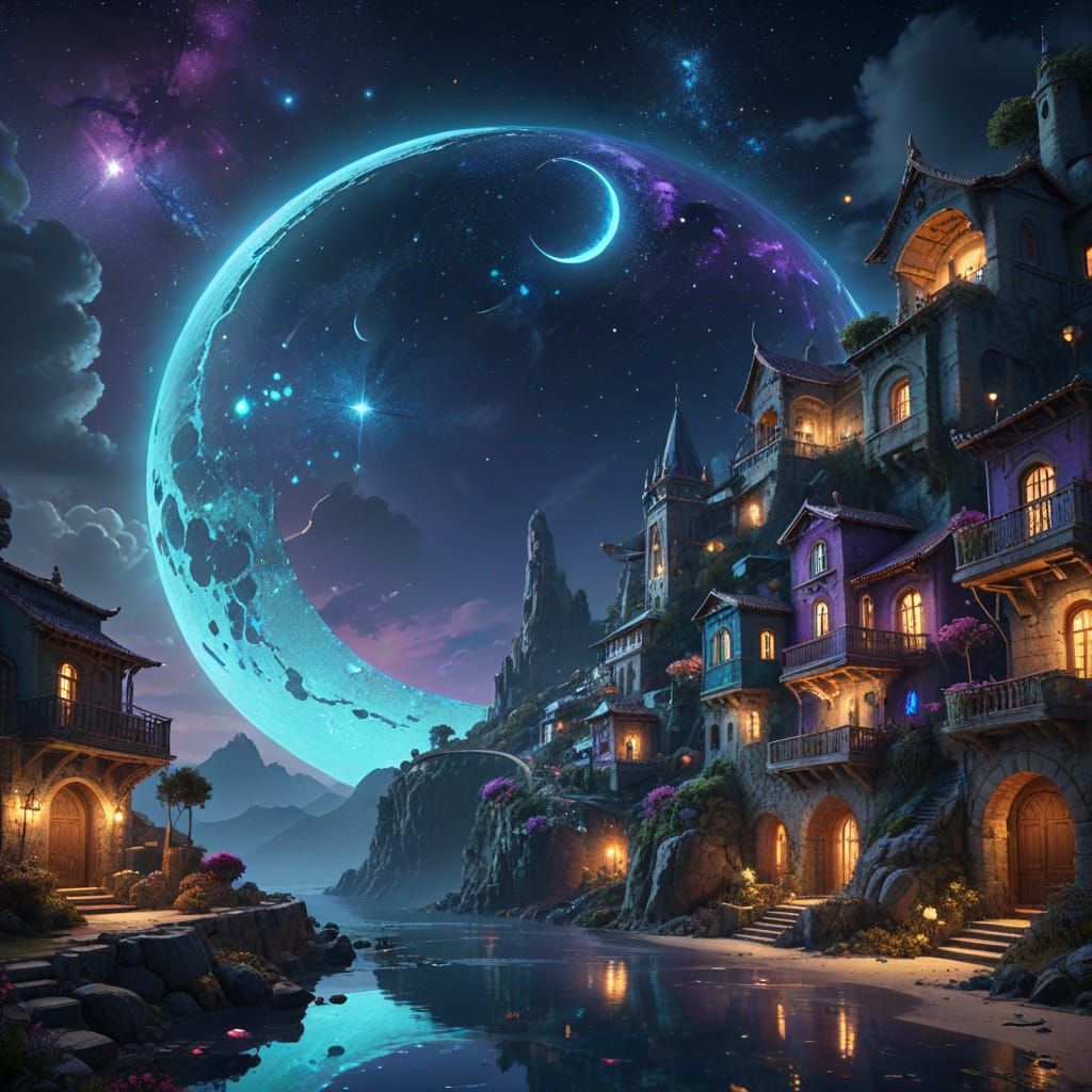 Fantasy Crescent Moon Village in Mediterranean Style