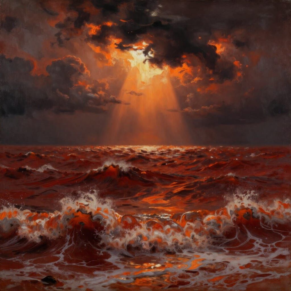 Turbulent Crimson Sea Under Stormy Skies