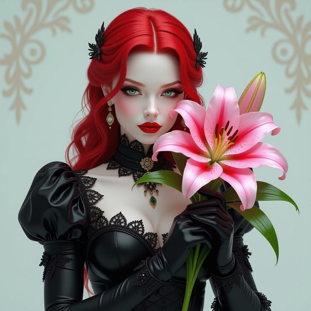 Albino Woman with Lily in Baroque Art Nouveau Style