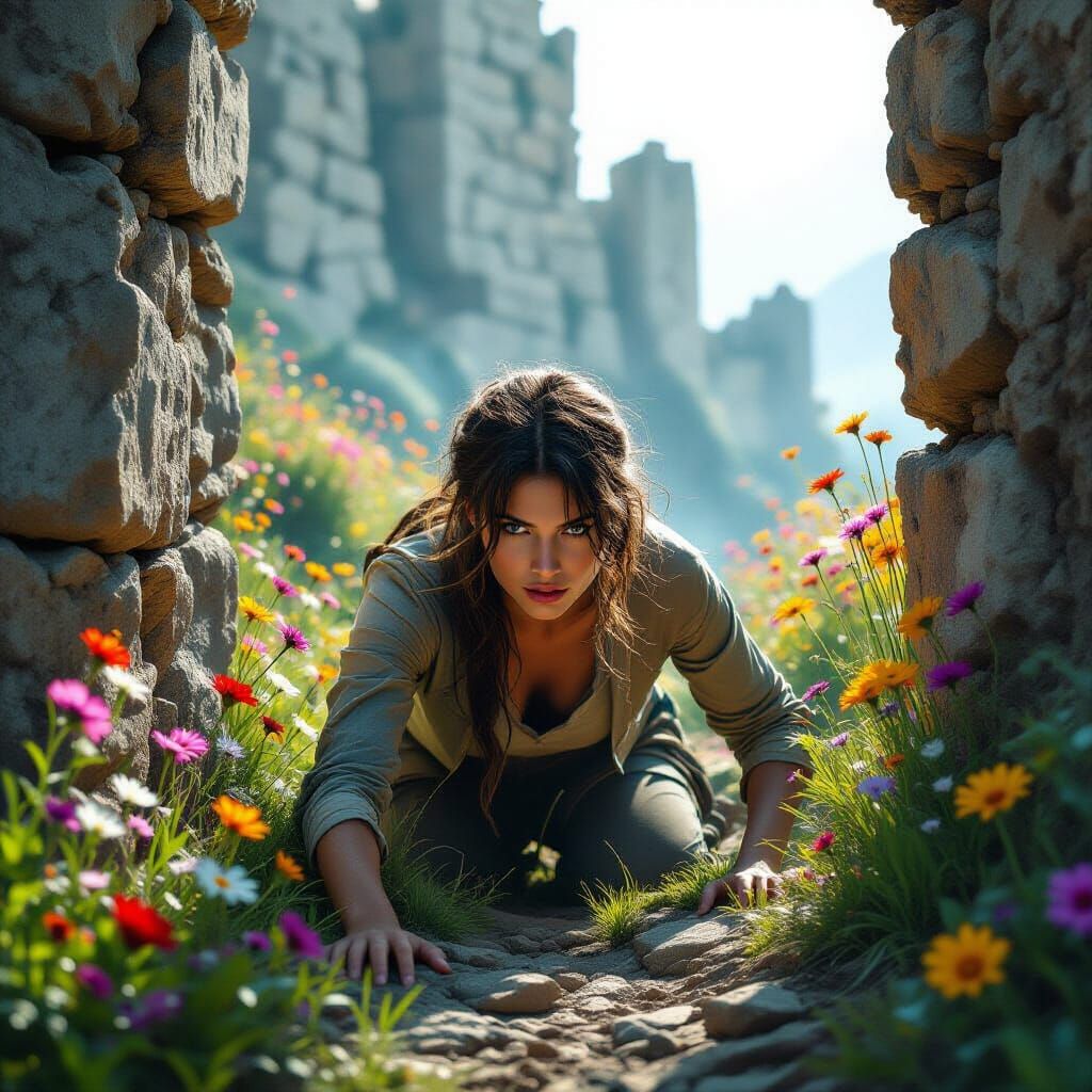 Woman's Escape into a Surreal Dystopian Landscape