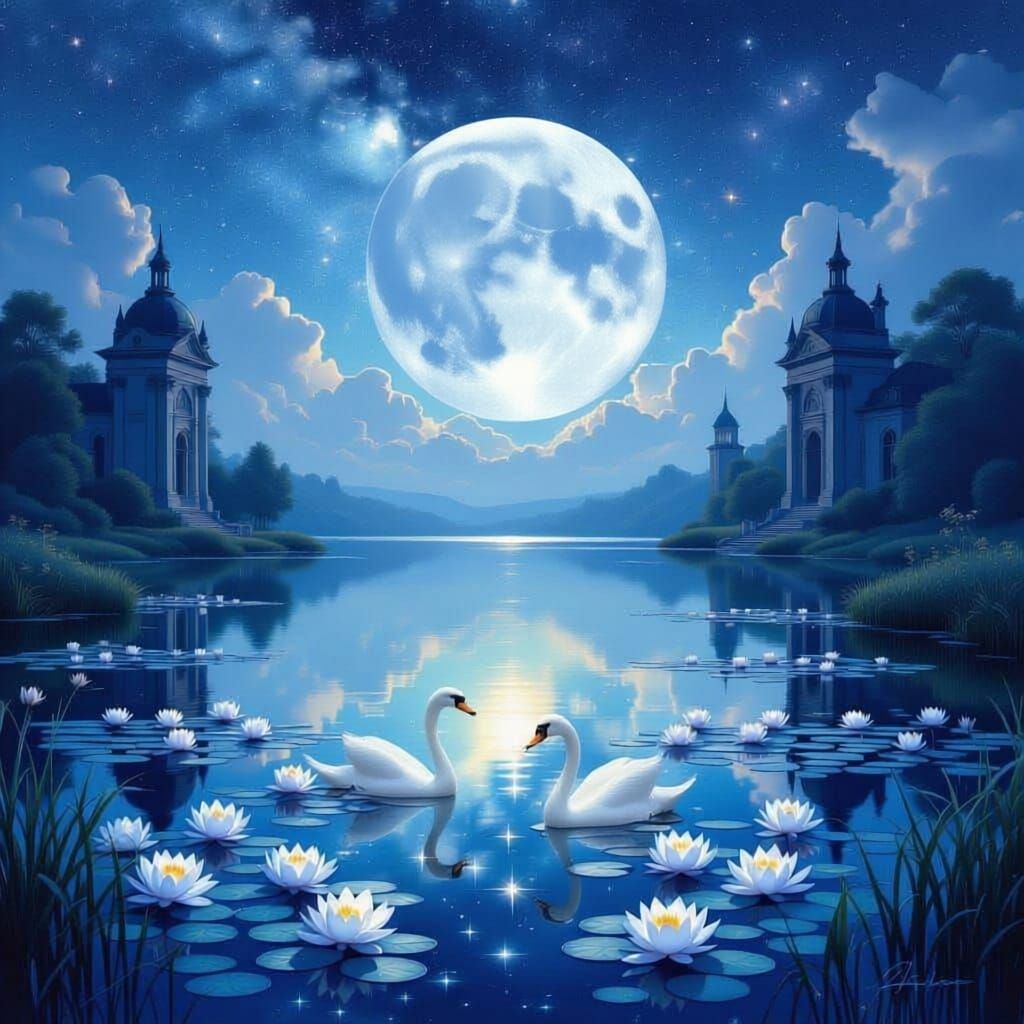 Tranquil Lake Reflects Cosmic Sky Amidst Grand Ruins