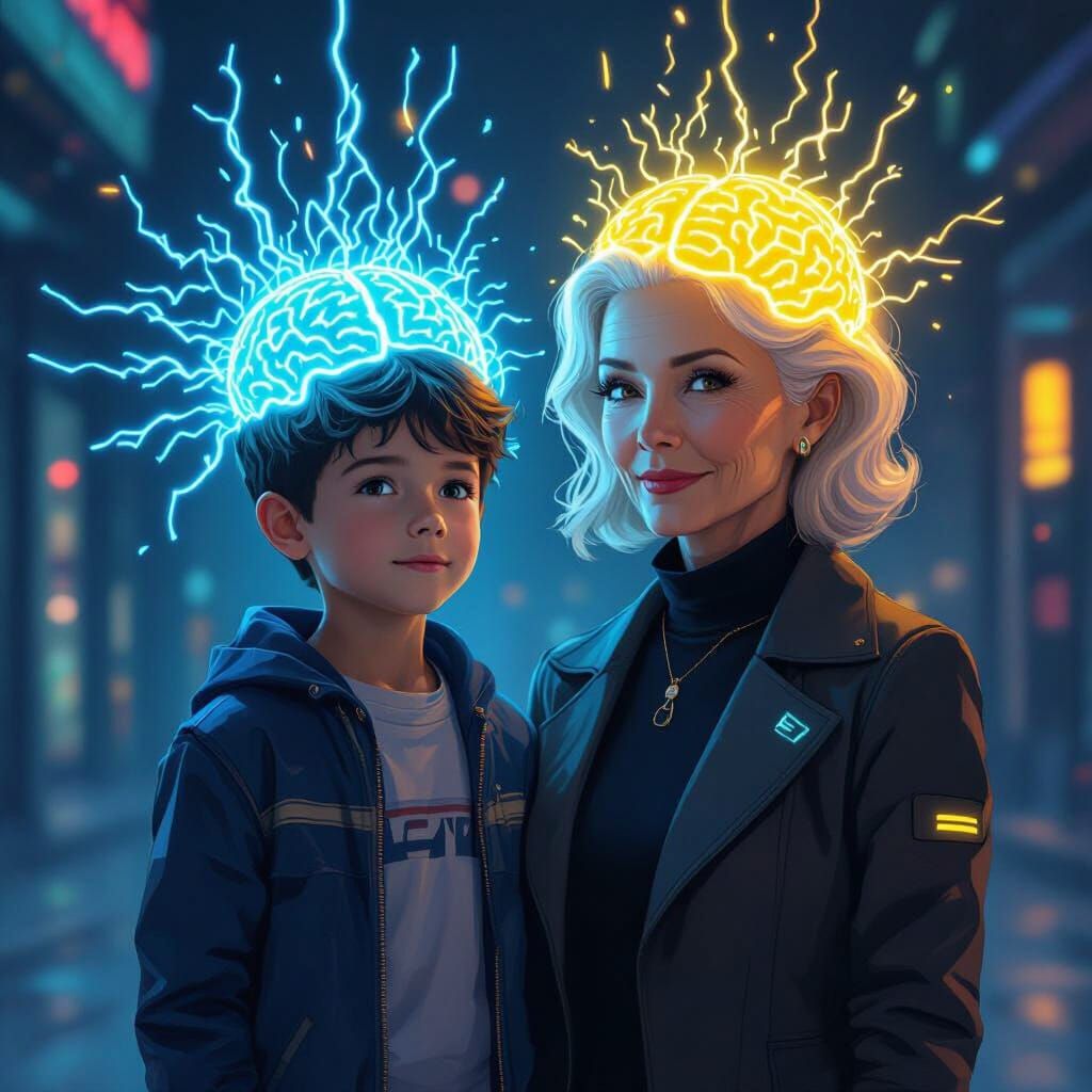 Glowing Brains: Child and Adult in Neon Future Style