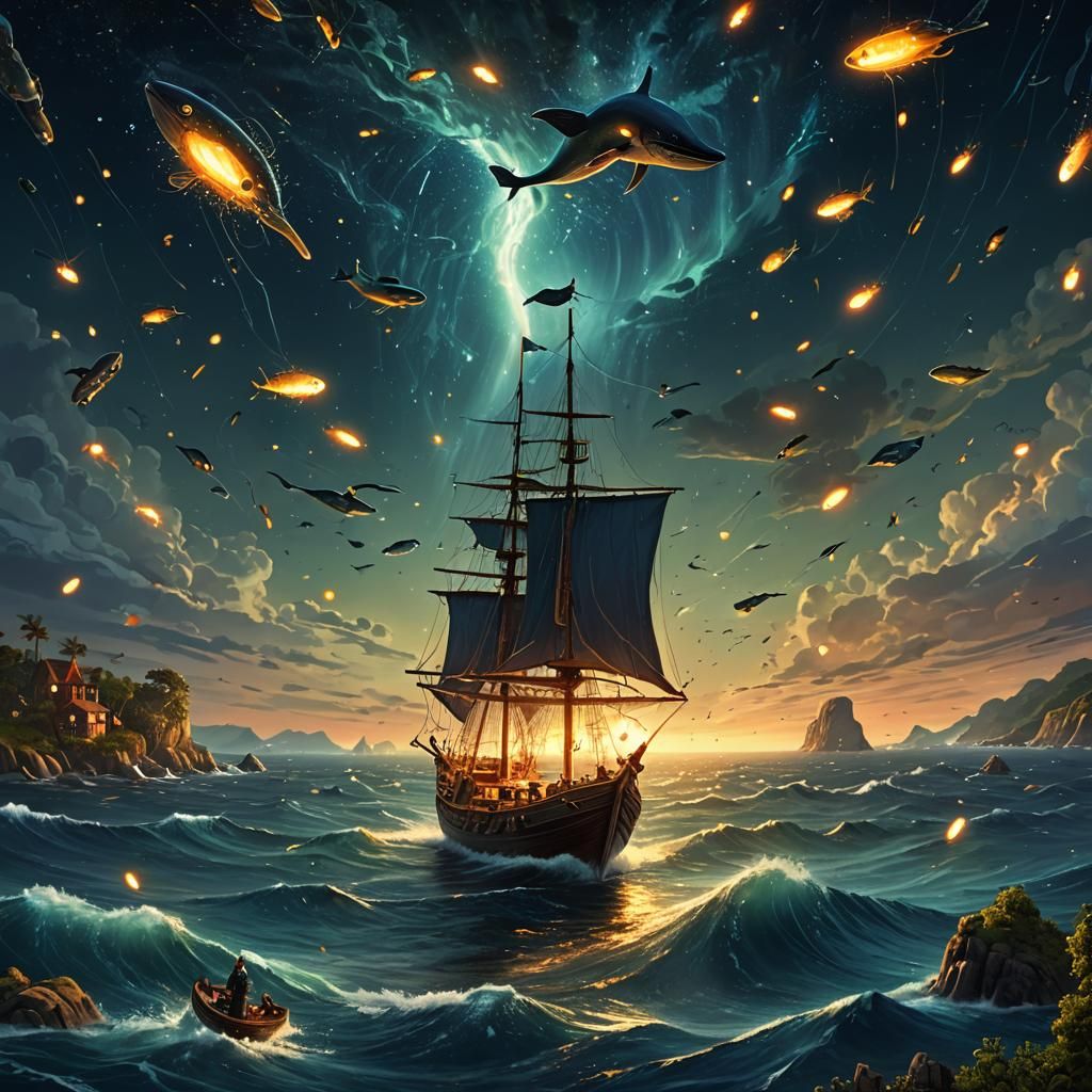 Magical Ocean View with Boat, Stars, and Whales