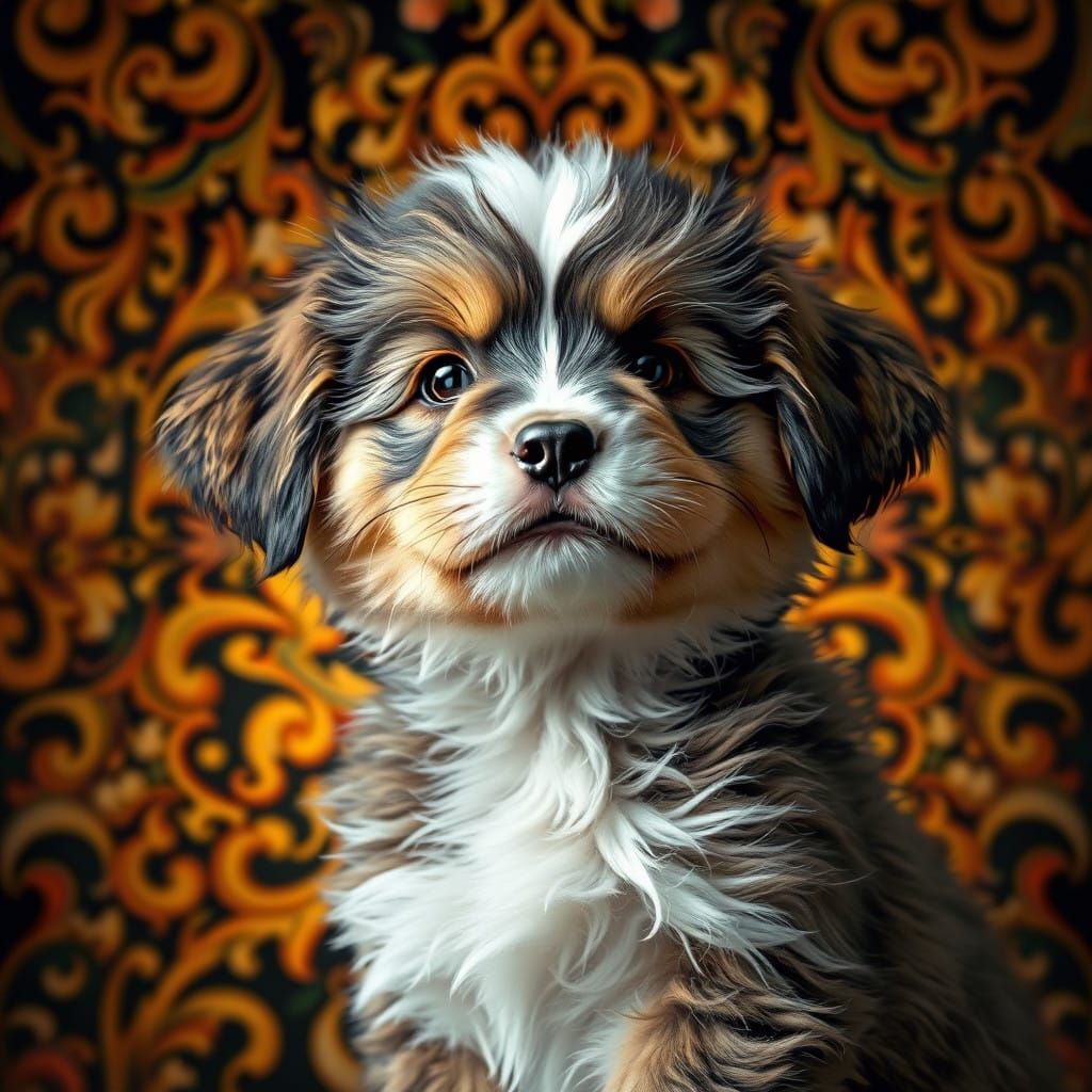 Whimsical Puppy Portrait in Vibrant Art Nouveau Style